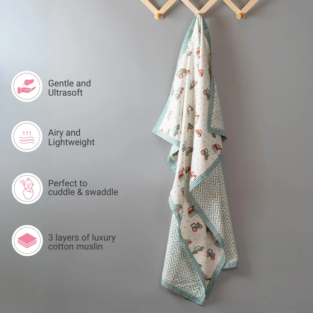 Gudgoodie Kids Cotton Muslin Dohar - Ultrasoft & Breathable - Vroom Vroom Vehicles