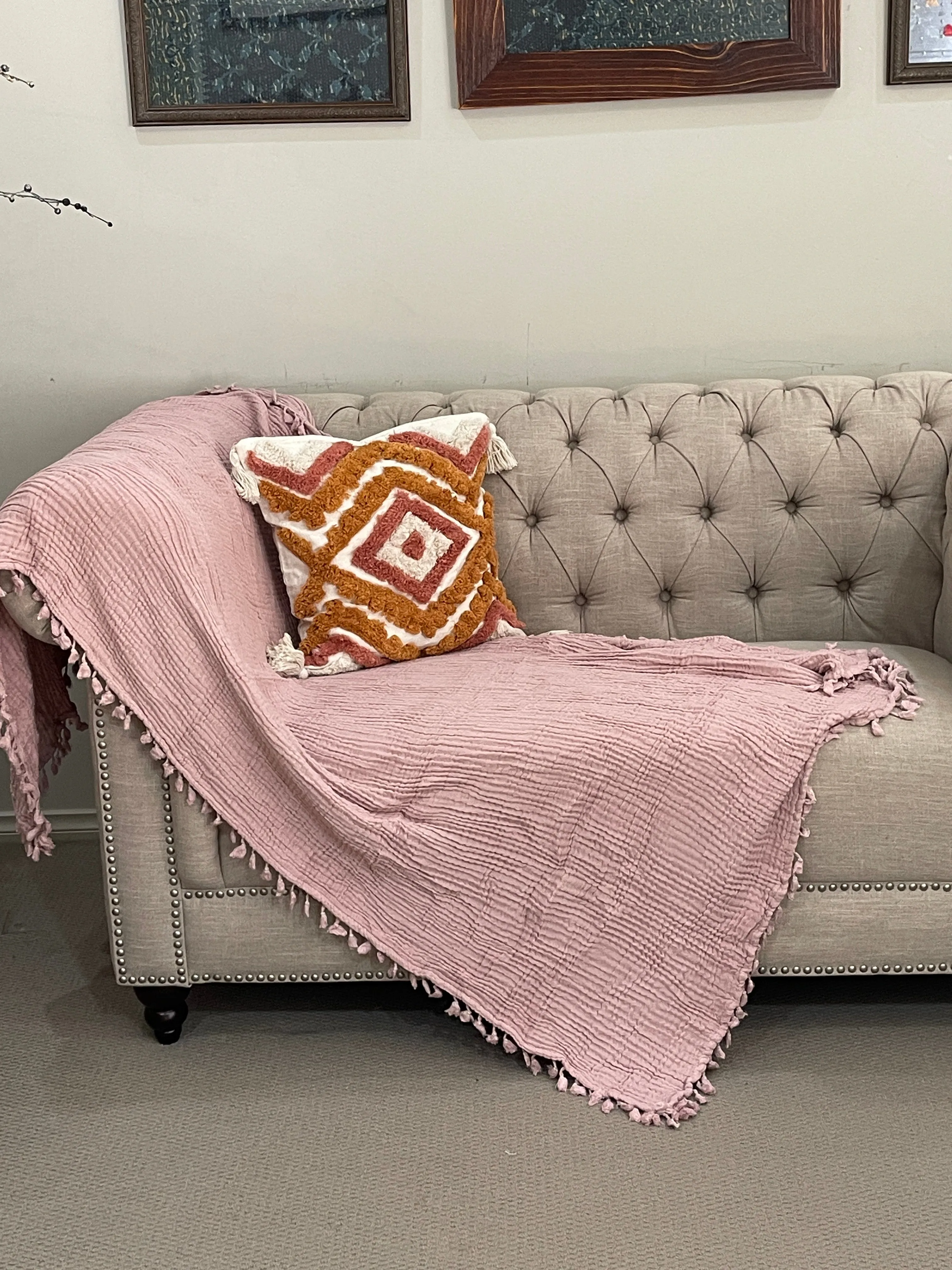 Organic Cotton Muslin Soft Bedding Blanket Throw With Tassels