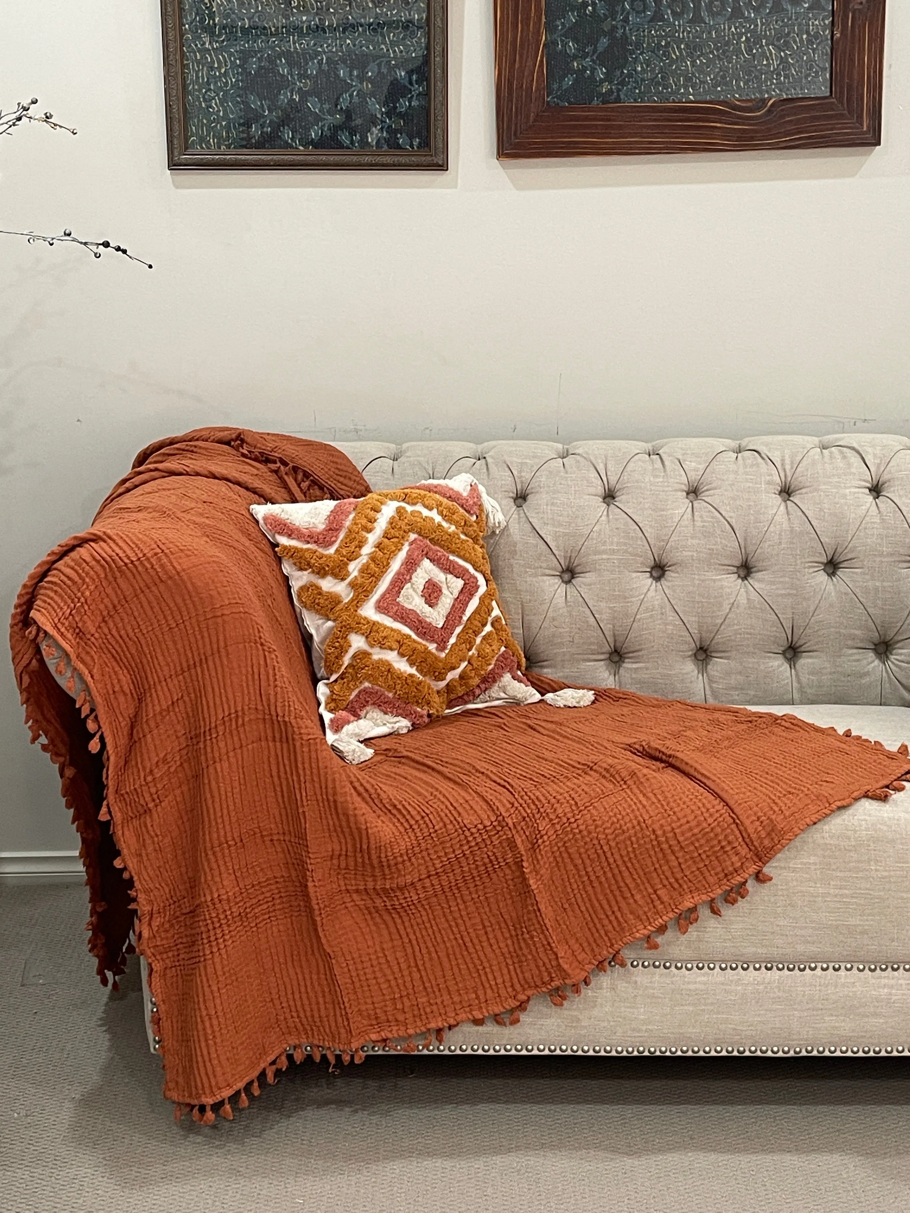 Organic Cotton Muslin Soft Bedding Blanket Throw With Tassels
