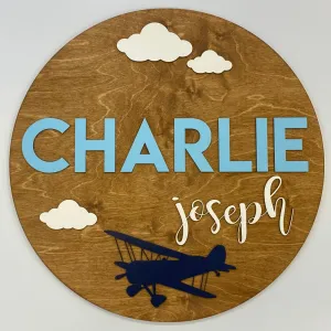 Sugar   Maple Round Personalized Name Sign | Airplane