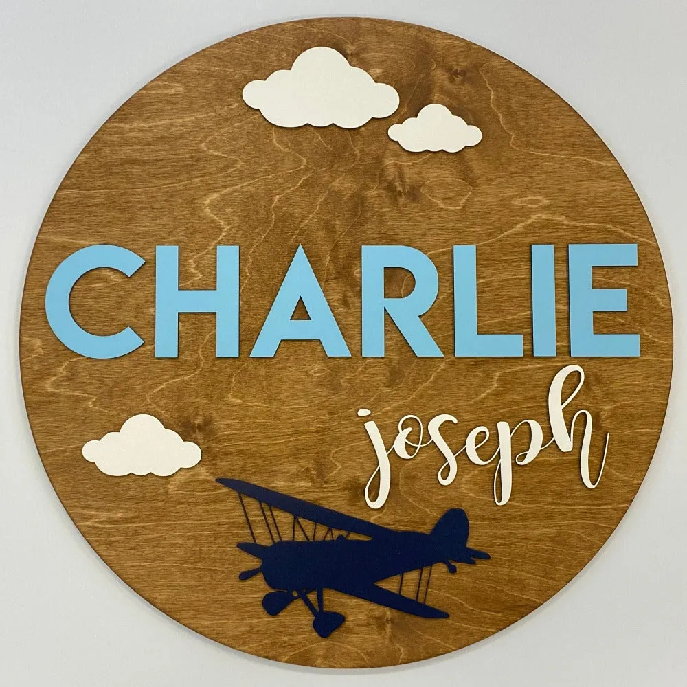 Sugar   Maple Round Personalized Name Sign | Airplane