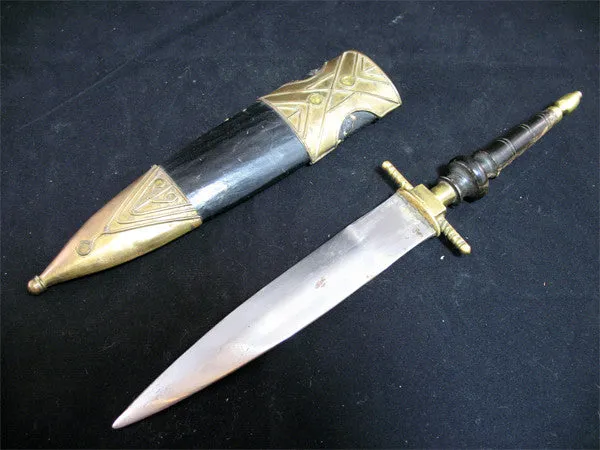 VINTAGE OLD KNIFE DAGGER BLADE INDIA Carved HANDLE Brass CASE Estate