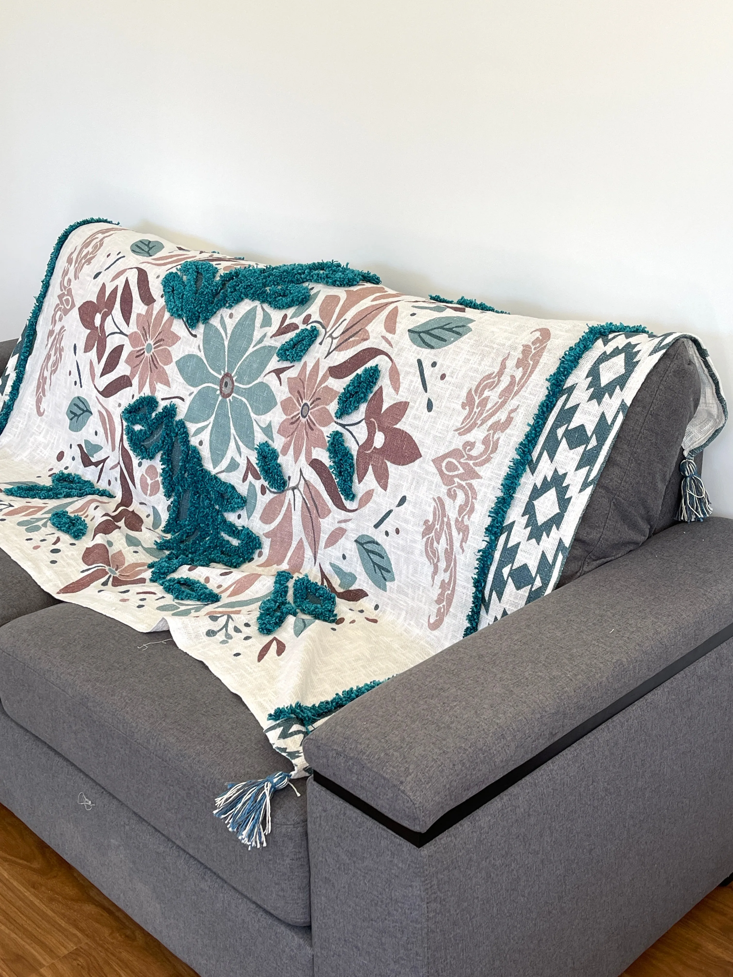 Vintage Teal Floral Printed Embroidered Cotton Bedding Cushion Throw