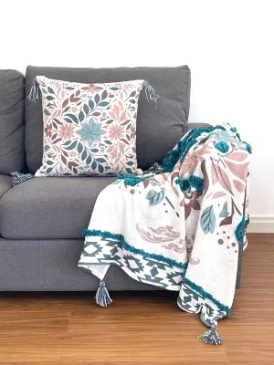 Vintage Teal Floral Printed Embroidered Cotton Bedding Cushion Throw