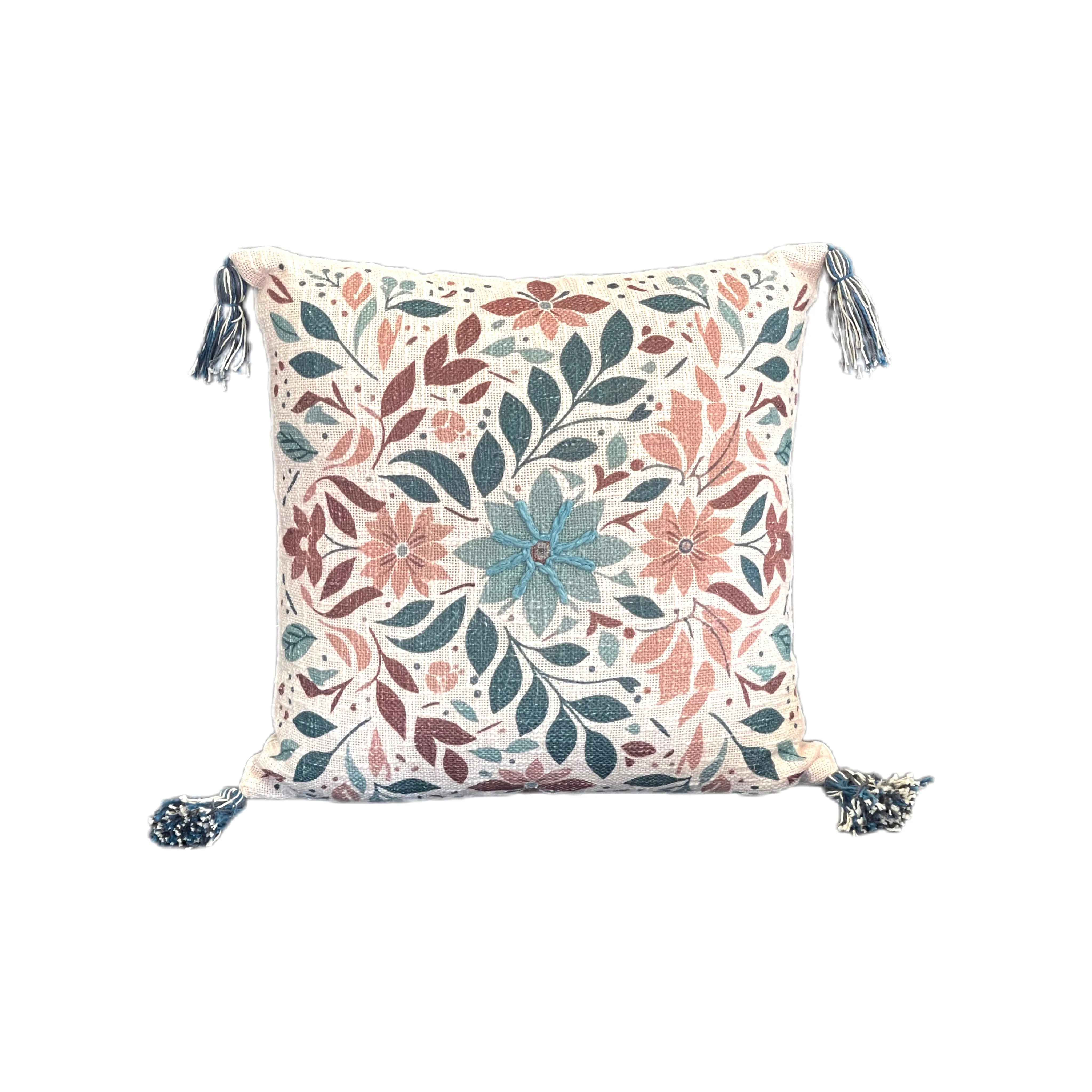 Vintage Teal Floral Printed Embroidered Cotton Bedding Cushion Throw